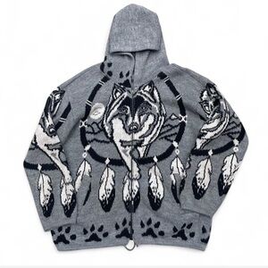 Artesanias Tuntaquimba Native Wolf Wool Knit Full Zip Hooded Jacket XL